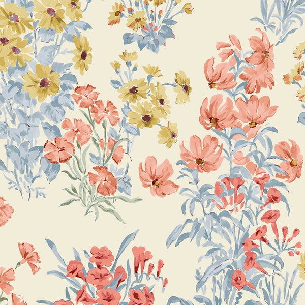 Tapete mit Blumenmuster in Aquarelloptik mit Blüten in verschiedenen Größen und Blätterwerk