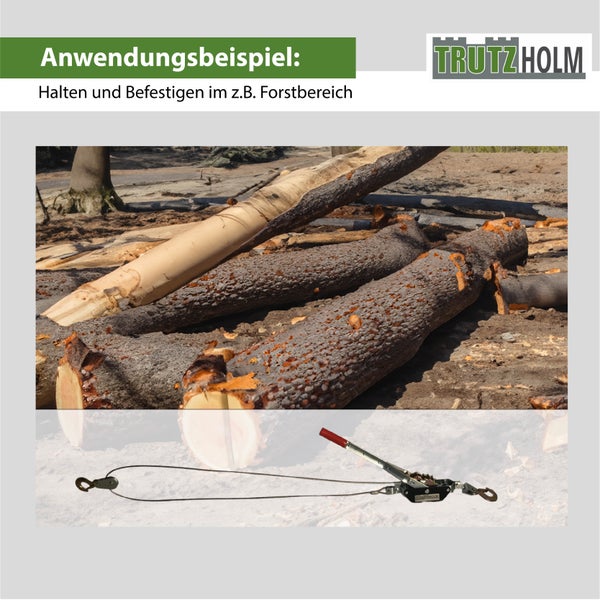 TrutzHolm Seilzug als Anwendungsbeispiel zur Holzbearbeitung im Forstbereich mit TrutzHolm Logo
