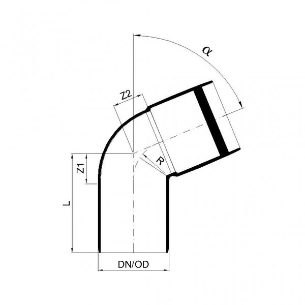 Technische Zeichnung eines Rohrbogens mit Angaben zu Winkel, Radius, Längen und Durchmesser.
