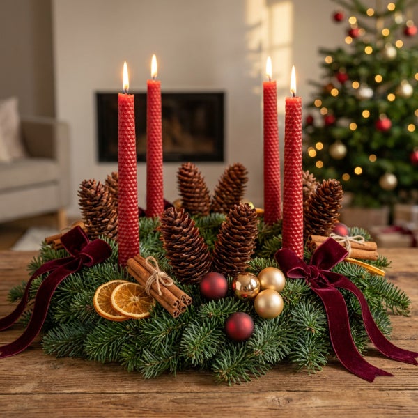 Weihnachtlicher Adventskranz aus Tannenzweigen mit vier brennenden roten Stabkerzen, Tannenzapfen, Zimtstangen, Orangenscheiben und Weihnachtskugeln.