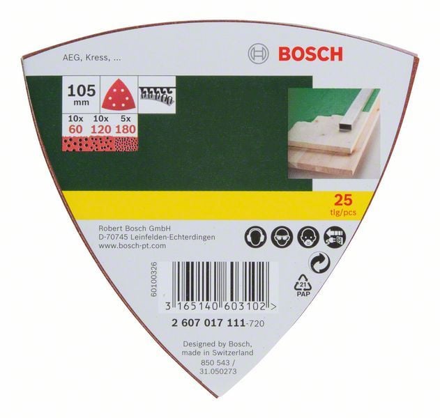 Bosch Schleifblatt-Set für Delta-Schleifer 25tlg. 6 Löcher Klett 105 mm Klett 60 120 180 - 2607017111