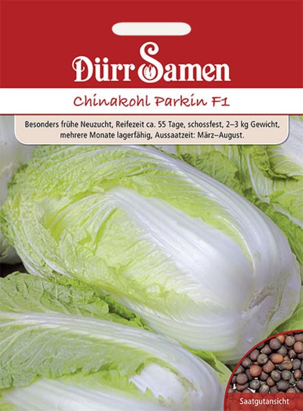 Samentüte für Chinakohl Parkin F1 mit Dürr Samen Logo, Abbildung eines Chinakohlkopfes und Saatgutansicht.