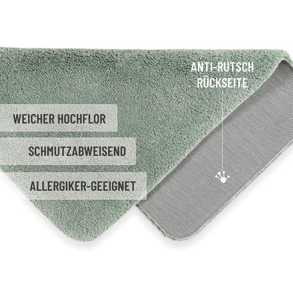 Badematte mit weichem Hochflor, schmutzabweisend, allergikergeeignet und rutschhemmender Rückseite.