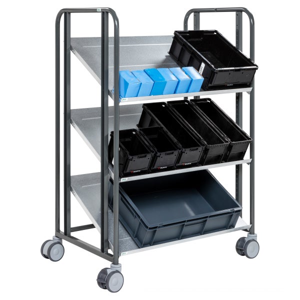 Rollwagen mit drei Regalböden und mehreren Kunststoffbehältern