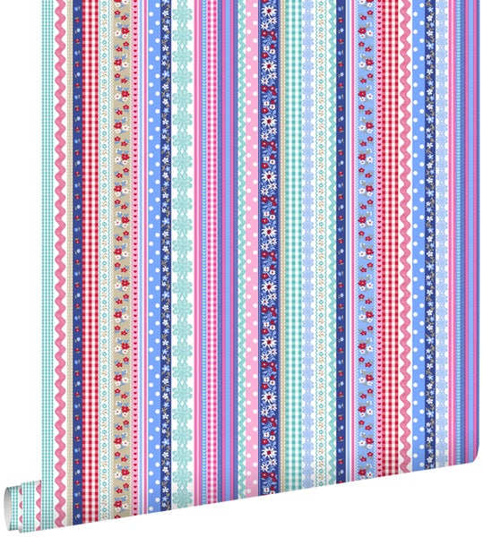 ESTAhome Tapete Schleifen Hellblau und Rosa - 53 cm x 10.05 m - 138140