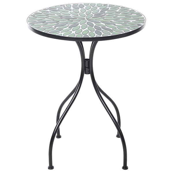 Runder Bistrotisch mit Mosaik-Tischplatte im grünen Blatt-Design und schwarzen, geschwungenen Metallbeinen.
