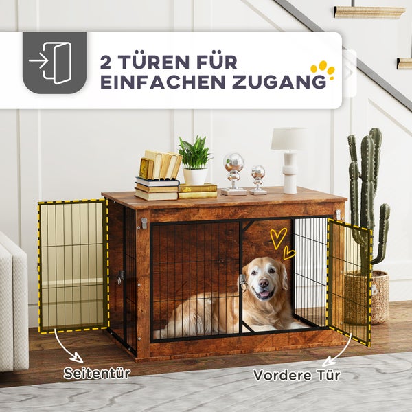 PawHut Hundekäfig Möbel, Hundebox für Zuhause, Beistelltisch für große Hunde unter 30 kg, Hundehaus mit 2 verschließbaren Türen, Stahl, 98 x 60 x 65,5 cm, Rustikales Braun
