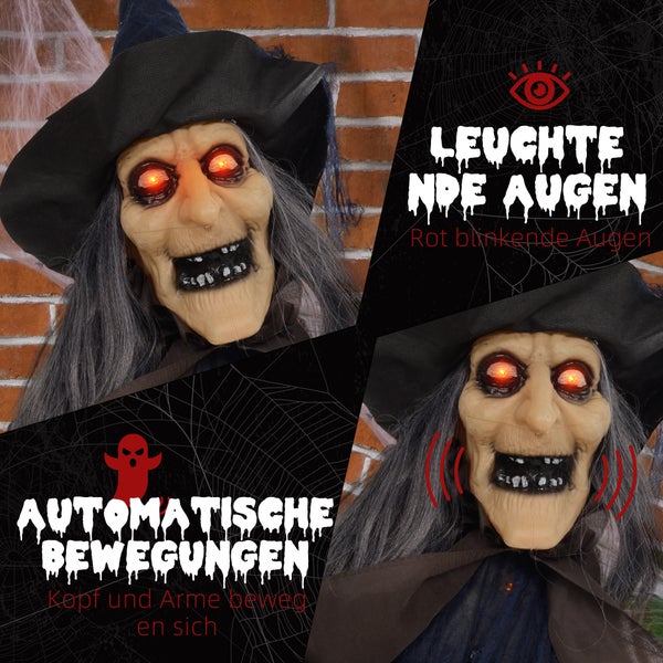 HOMCOM 190cm Halloween Dekoration Halloween-Hexe mit LED-Lichter, Soundfunktion, Haustür Deko mit verstellbare Arme, Garten Dekofigur in Lebensgröße für Party