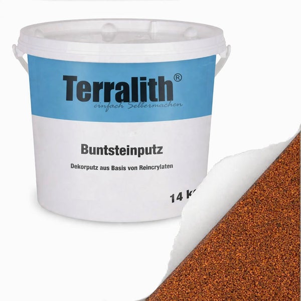 Terralith Buntsteinputz, Dekorputz auf Basis von Reinacrylaten, 14 Kilogramm Eimer mit Darstellung der braunen Steinstruktur.