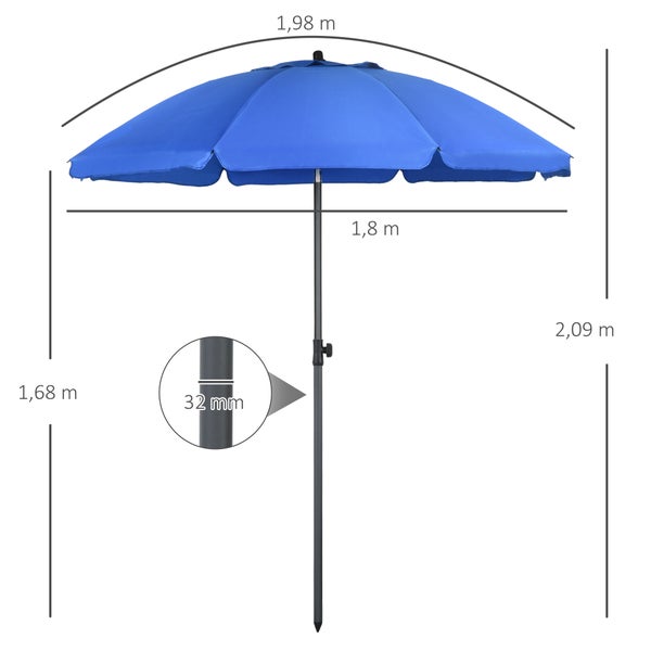 Outsunny Sonnenschirm Strand Ø180 cm UV 50+ windfest stabil Strandschirm mit UV-Schutz sturmfest Balkon-Schirm faltbarer Gartenschirm sicherer Sonnenschutz für Reisen Strand Balkon Camping Blau