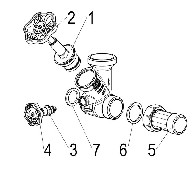 Explosionszeichnung einer Ventilarmatur mit nummerierten Ersatzteilen wie Handrad, Spindel und Dichtungen.