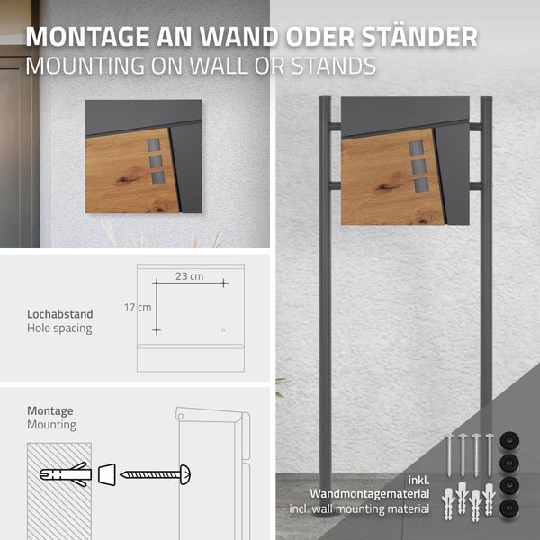 Briefkasten in Holzoptik und Anthrazit, Montage an Wand oder Ständer. Inklusive Montagematerial und Skizze zum Lochabstand 23 mal 17 Zentimeter.