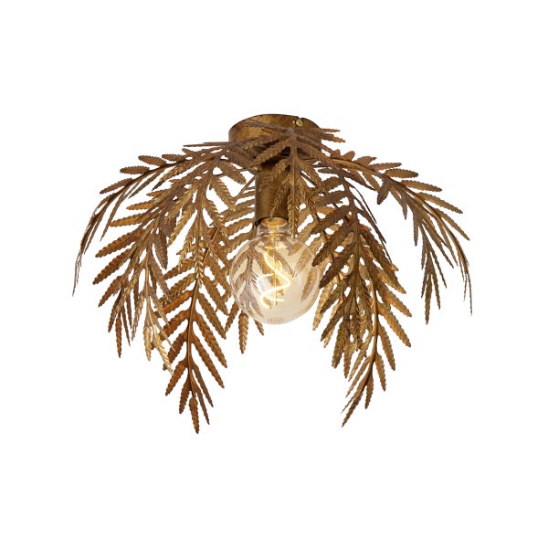 Deckenleuchte aus Metall in Farnblatt-Optik mit sichtbarem Leuchtmittel in Gold-Antik.