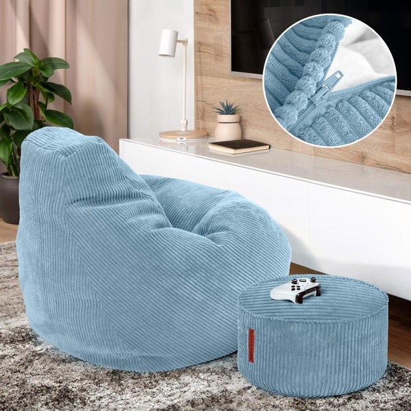 Green Bean Sitzsack mit Hocker aus Cord - Sitzsäcke für das Wohnzimmer, Schlafzimmer, Sitzsack-Sessel für Erwachsene Hellblau