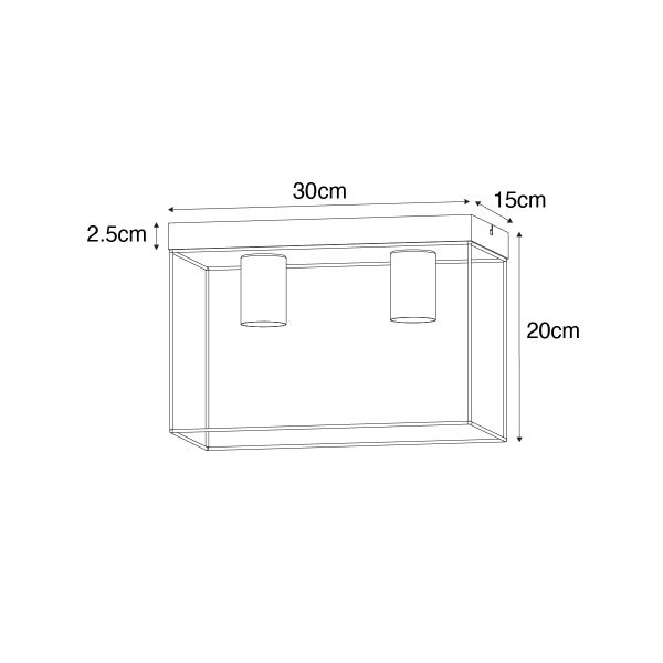 Abmessungen einer Wandleuchte mit zwei Fassungen, 30 cm breit, 20 cm hoch und 15 cm tief