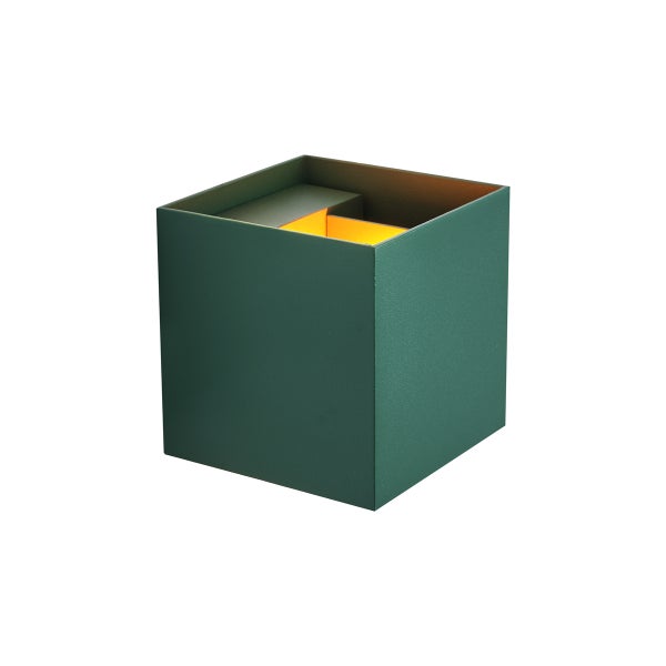 Würfelförmige Wandleuchte aus Metall in Grün für den Innen- und Außenbereich.