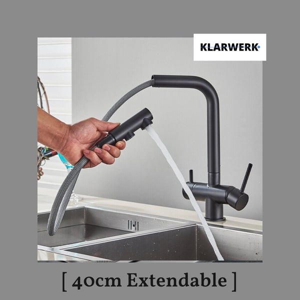 Felix | 3 Wege Premium Schwarz matt Edelstahl ausziehbare Armatur | Wasserhahn Küche |Mischbatterie - 360 Grad | Filter 3 Anschlüsse