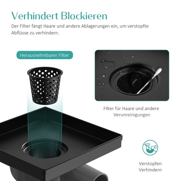 Herausnehmbarer Haarfilter für Duschabläufe verhindert Verstopfungen durch Haare und Schmutz.