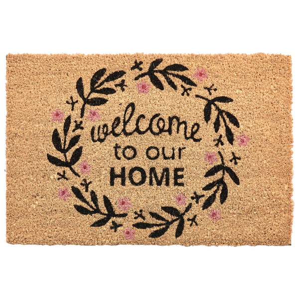 Rechteckige Fußmatte aus Kokosfaser mit einem Blumenkranz und der Aufschrift welcome to our HOME.