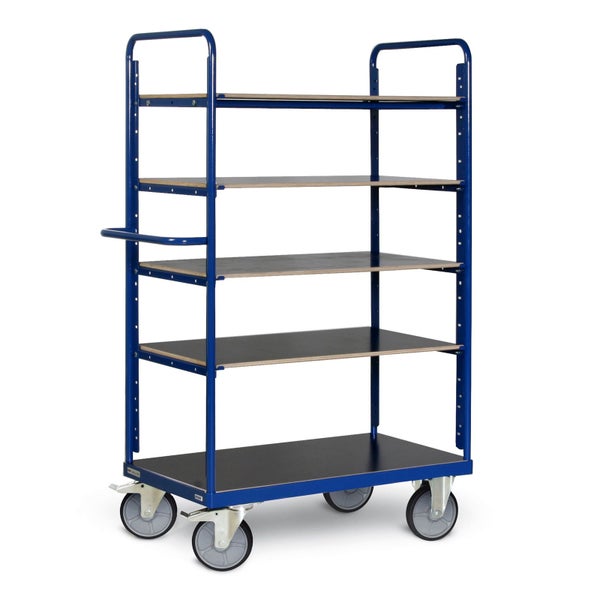 Blauer Etagenwagen mit fünf Holzböden und Rollen