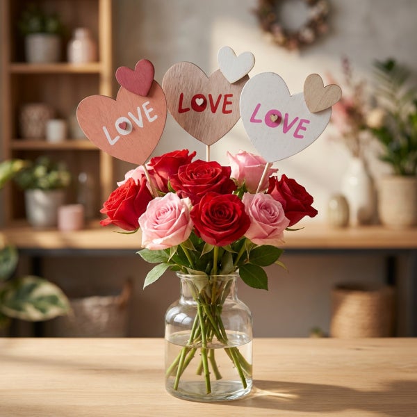 Blumenstrauß aus roten und rosafarbenen Rosen in einer Glasvase mit drei herzförmigen Holzsteckern mit Aufschrift Love auf einem Holztisch.