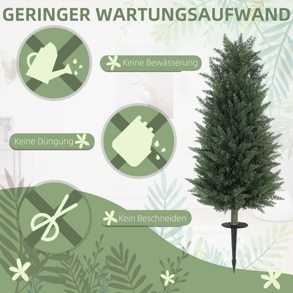 Künstliche Zypresse mit Erdspieß. Symbole zeigen geringen Wartungsaufwand: keine Bewässerung, keine Düngung und kein Beschneiden erforderlich.