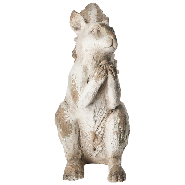 Gartenfigur Eichhörnchen aus Magnesia in verwitterter Steinoptik, stehende Position mit zusammengelegten Pfoten.