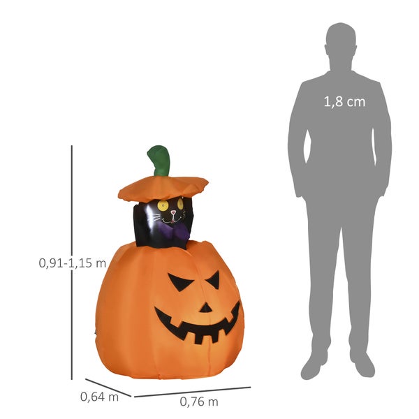 Outsunny 91-115 cm Aufblasbar Kürbisgeist mit beweglicher Katze Halloweendekorationen Halloween Deko Helloween-Gartendeko mit LED Lichter Wasserdicht für Indoor Outdoor Hof Rasen Haus Halloween Party