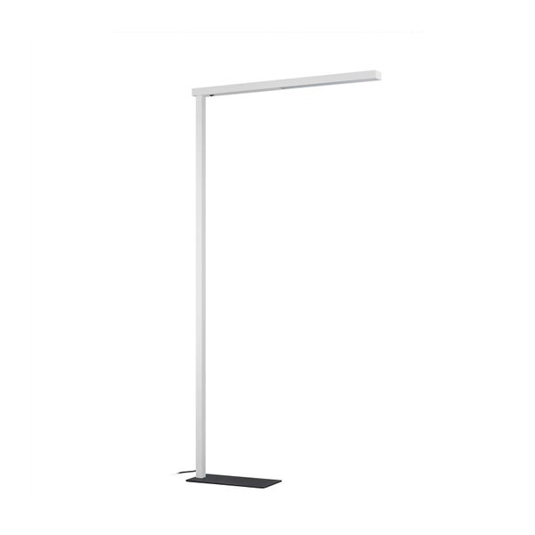 Moderne minimalistische Stehlampe in L-Form mit weißem Gestell und schwarzem Standfuß.