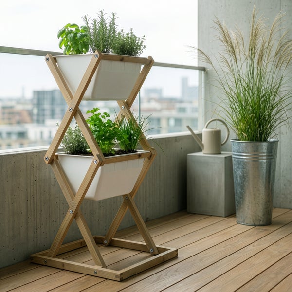Vertikaler Kräutergarten aus Holz mit zwei weißen Pflanzkästen auf einem modernen Balkon mit verschiedenen Kräutern und Stadtblick.
