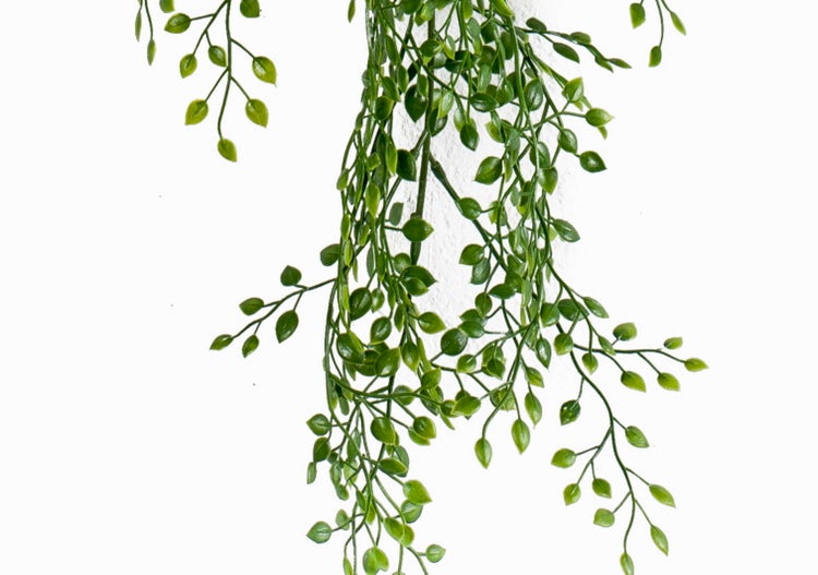 Künstliche Hängepflanze mit kleinen grünen Blättern.