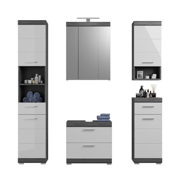 Badezimmermöbel Set bestehend aus Hochschrank, Spiegelschrank, Waschbeckenunterschrank und zwei Beistellschränken in Weiß Hochglanz und Grau.