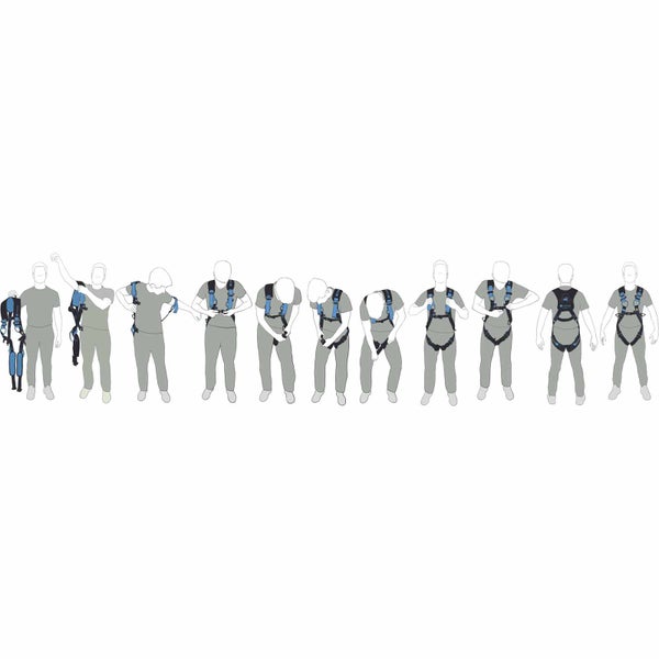 Schritt für Schritt Illustration zum korrekten Anlegen eines Auffanggurts für die Absturzsicherung.