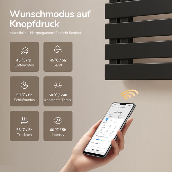 App-Steuerung für einen smarten schwarzen Handtuchheizkörper mit Heizprogrammen wie Entfeuchten, Trocknen und Schlafmodus bei einstellbaren Temperaturen.