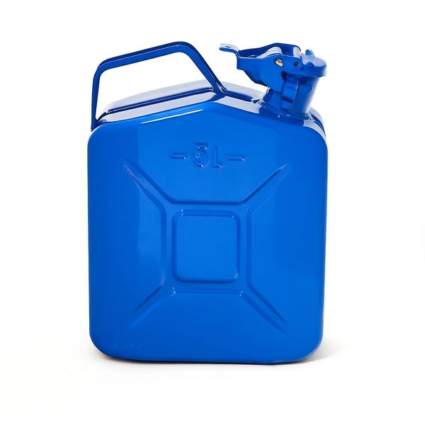 Blauer 5 Liter Kraftstoffkanister aus Metall mit Tragegriff und Ausgießer