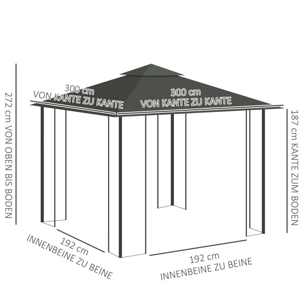 Maßskizze Gartenpavillon: 300 mal 300 Zentimeter, Gesamthöhe 272 Zentimeter, Kantenhöhe 187 Zentimeter, Innenabstand der Beine 192 Zentimeter.