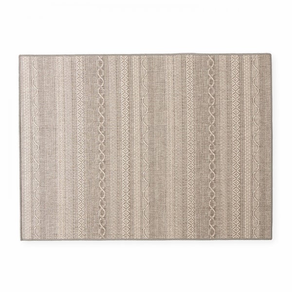 Rechteckiger Flachgewebe-Teppich in Beige mit gestreiftem Muster und geometrischen Webstrukturen.