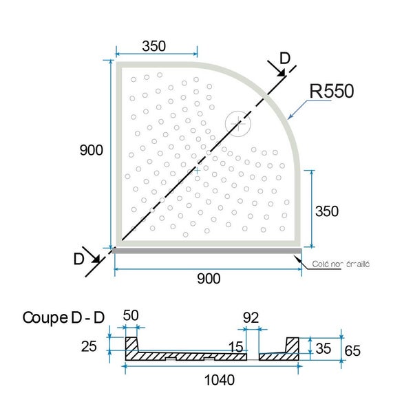 Technische Zeichnung einer Duschkabine mit Maßangaben