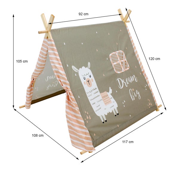 ECD Germany Tipi Spielzelt für Kinder 108x105x117 cm, Indianerzelt Warm-Grau mit Lama Motiv, drinnen/draußen, Teepee Kinderzelt mit 2 Türen und einem Fenster, Kinderzimmer Spielhaus für Mädchen/Jungen
