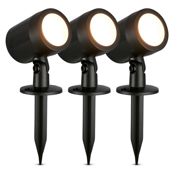 Dreier-Set schwarze LED-Gartenstrahler mit Erdspieß, verstellbare Lampenköpfe, warmweißes Licht.