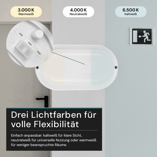 Drei Lichtfarben Leuchte mit warmweißem, neutralweißem und kaltweißem Licht