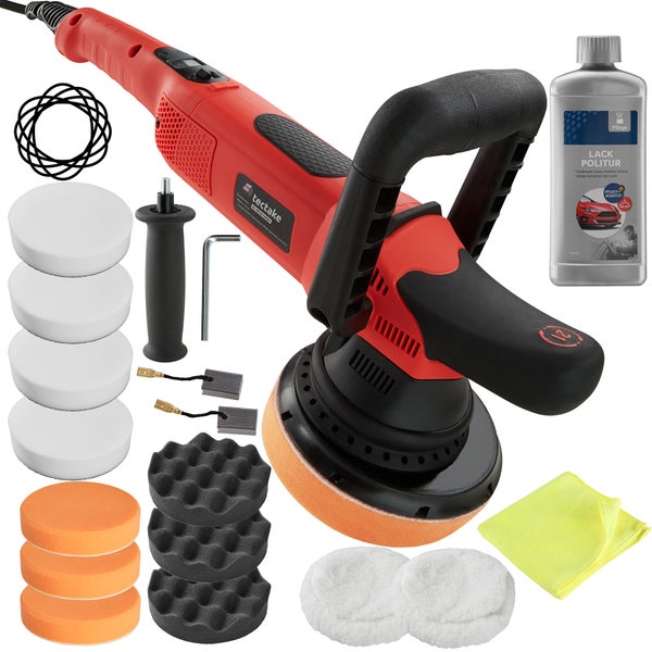 16-teiliges Exzenter Poliermaschinen-Set tectake  inklusive Lackpolitur, Mikrofasertuch und 2 Ersatzkohlen 810 W schwarz/rot