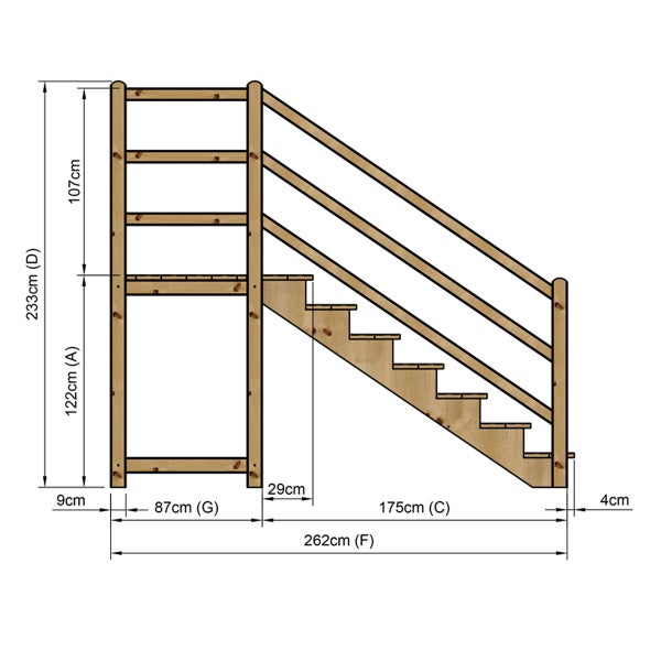 Technische Zeichnung einer Holztreppe mit Maßen.