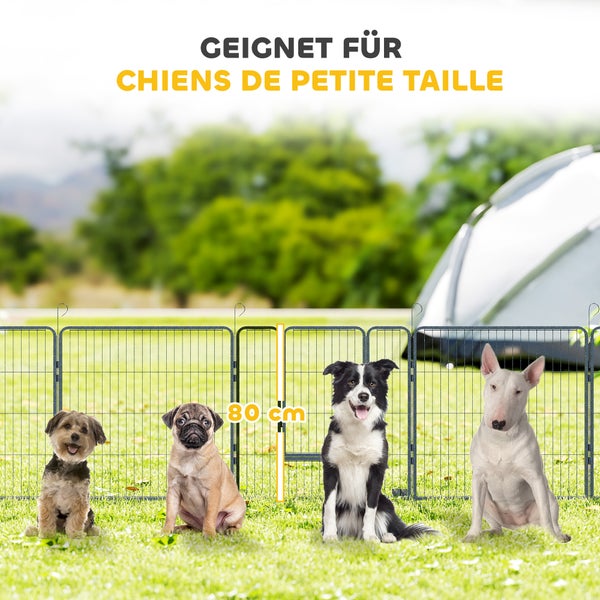 80 Zentimeter hoher Welpenauslauf aus Metall im Freien, geeignet für kleine Hunde, mit vier Hunden verschiedener Größen in einer hellen Umgebung.