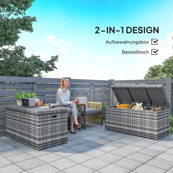 Gartenszene mit 2-in-1 Design: Aufbewahrungsbox und Beistelltisch aus Rattan mit sitzender Frau