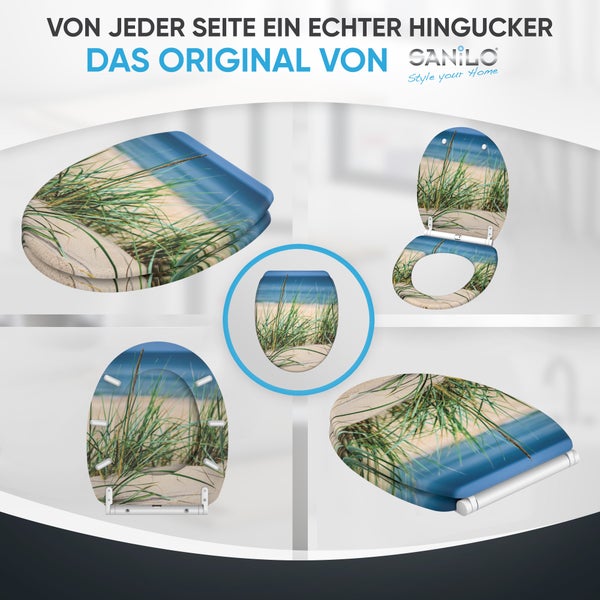 Sanilo Toilettensitz mit Strandmotiv in verschiedenen Ansichten gezeigt