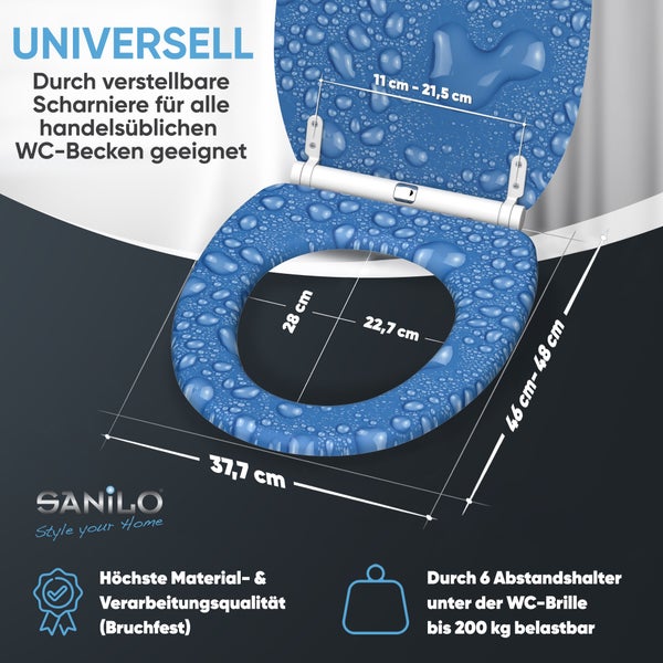 Sanilo WC-Sitz mit Wassertropfen-Motiv, universell passend für handelsübliche WC-Becken, bruchfest und belastbar bis 200 Kilogramm.