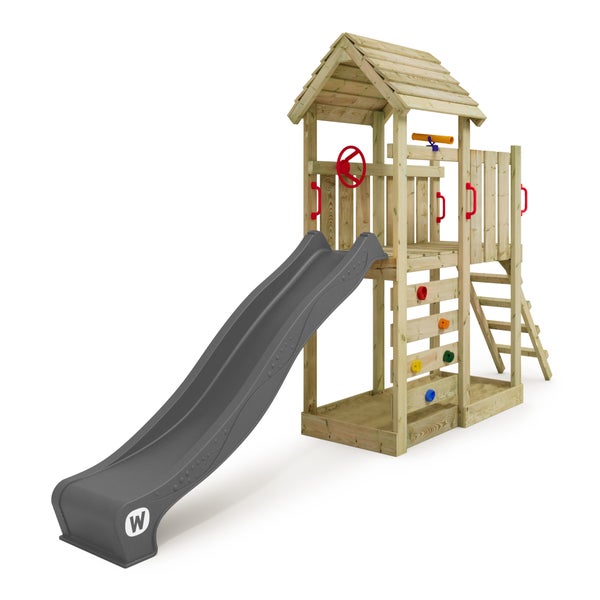 WICKEY Spielturm Klettergerüst JoyFlyer mit Rutsche, Kletterturm mit Sandkasten, Leiter und Spiel-Zubehör - anthrazit