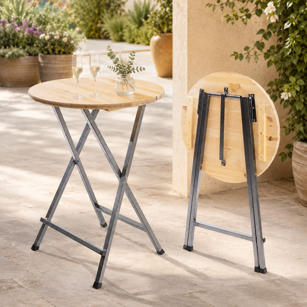 Runder Stehtisch aus Holz mit klappbarem Metallgestell auf einer Terrasse, ein Tisch aufgestellt und ein Tisch platzsparend zusammengeklappt.