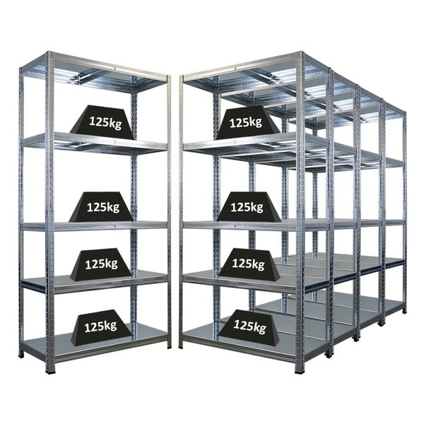 Zwei Metallregale mit fünf Ebenen und Gewichten von 125 Kilogramm auf jeder Ebene zur Darstellung der Tragfähigkeit.